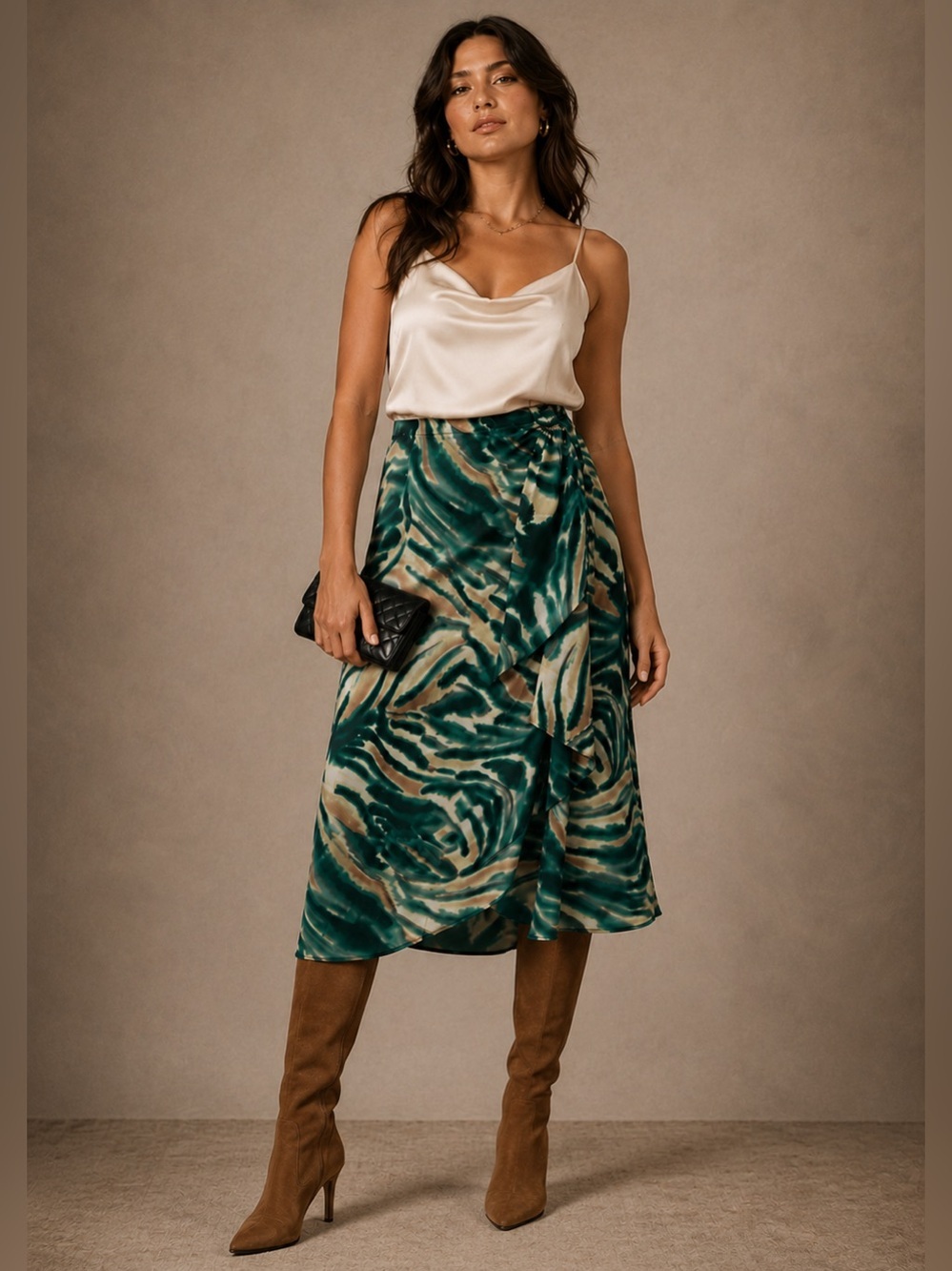 NWT Banana Republic Satin Abstract Print Draped Tie Midi Skirt Green Size 12